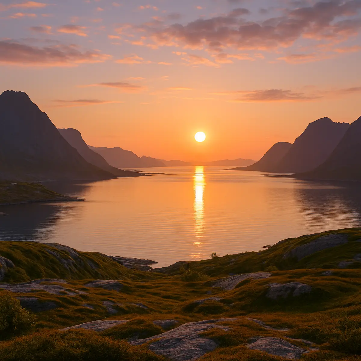 A breathtaking view of a Norwegian fjord during the midnight sun phenomenon – the sun just above the horizon, an intensely orange sky, and the reflected light on the calm water, surrounded by the dark silhouettes of mountains