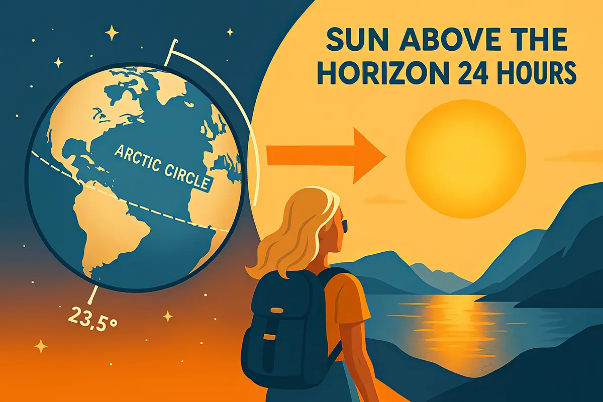 Educational illustration: a globe with the Arctic Circle marked and the Earth's axis tilt (23.5°), an arrow leads to a large sun shining above the horizon for 24 hours, below, a woman with a backpack admires a fjord landscape in the light of the midnight sun.