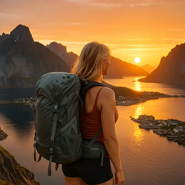 A slim blonde woman with a hiking backpack stands with her back turned on top of a mountain in the Lofoten Islands, gazing at the golden midnight sun over a fjord and village, surrounded by dramatic Norwegian peaks