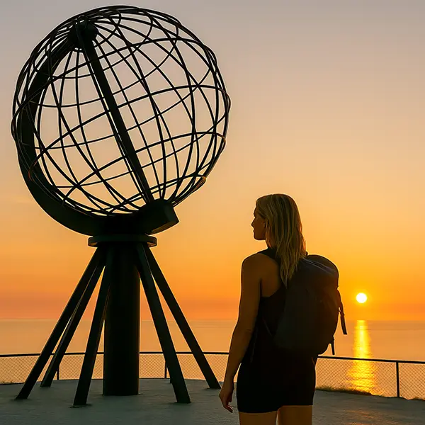 A blonde woman with a backpack stands at North Cape, looking at the metal globe and the midnight sun hanging over the Arctic Ocean, the entire scene bathed in golden polar light—a symbolic end of Europe
