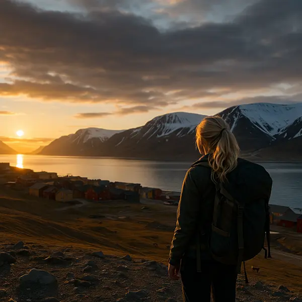 A blonde woman with a backpack stands with her back turned on a hill above Longyearbyen in Svalbard, looking at the colorful houses of the settlement and the fjord, surrounded by mountains and illuminated by the golden light of the midnight sun
