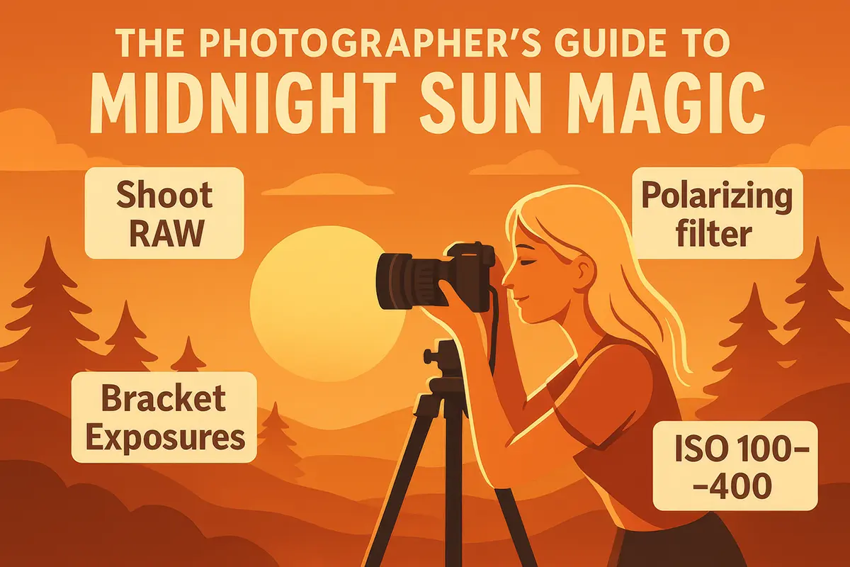 Illustration: A smiling blonde woman is taking photos with a camera on a tripod in the warm light of the midnight sun. Around her are key photography tips (“Shoot RAW,” “Polarizing filter,” “Bracket Exposures,” “ISO 100–400”) set against a backdrop of orange mountains and forest. Title: “The Photographer’s Guide to Midnight Sun Magic.”