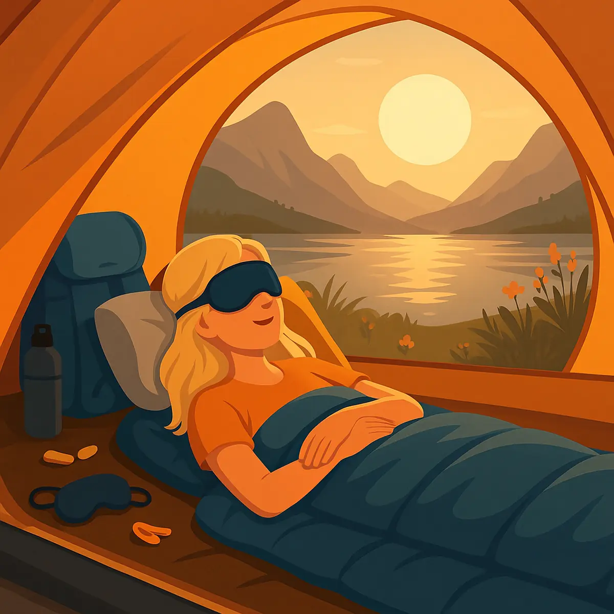 A person sleeping in a tent by a lake at sunset, wearing a sleep mask