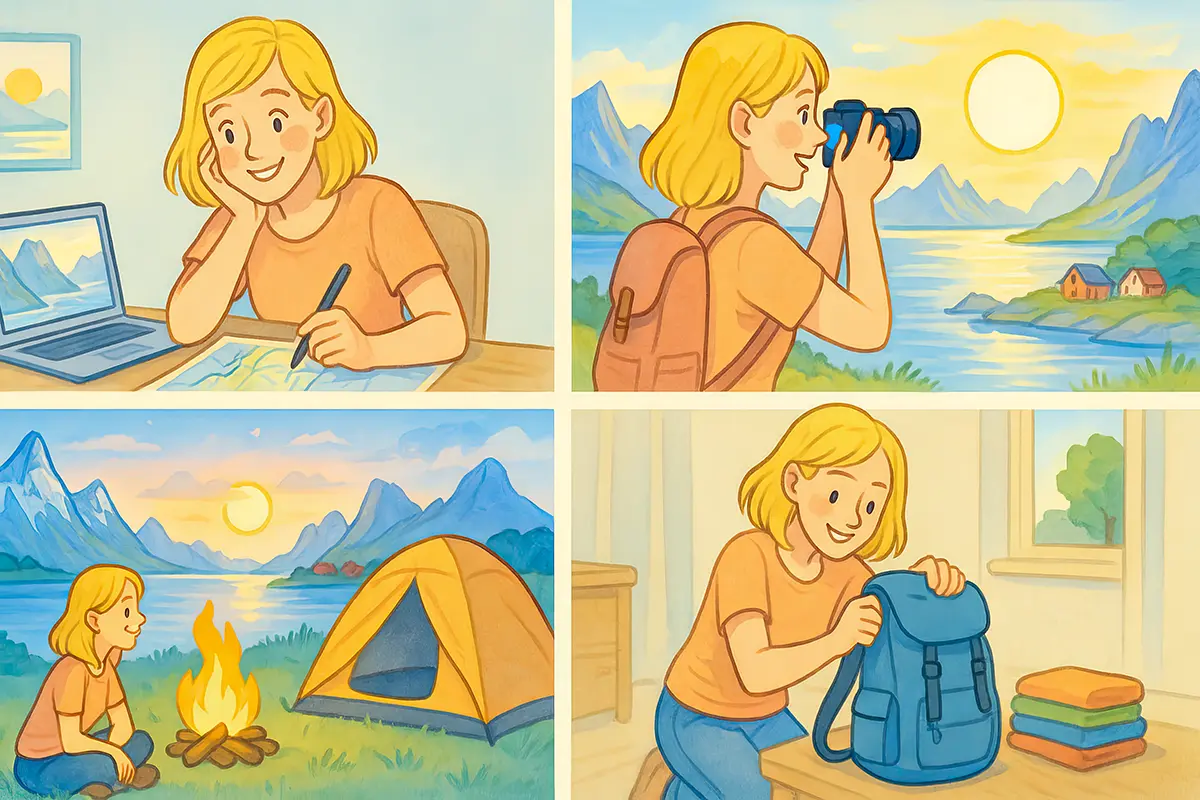 Four-panel illustration showing a woman planning a fjord trip at her desk, photographing a sunset over a fjord with her camera, sitting by a campfire beside her tent at dusk, and then packing her backpack indoors.