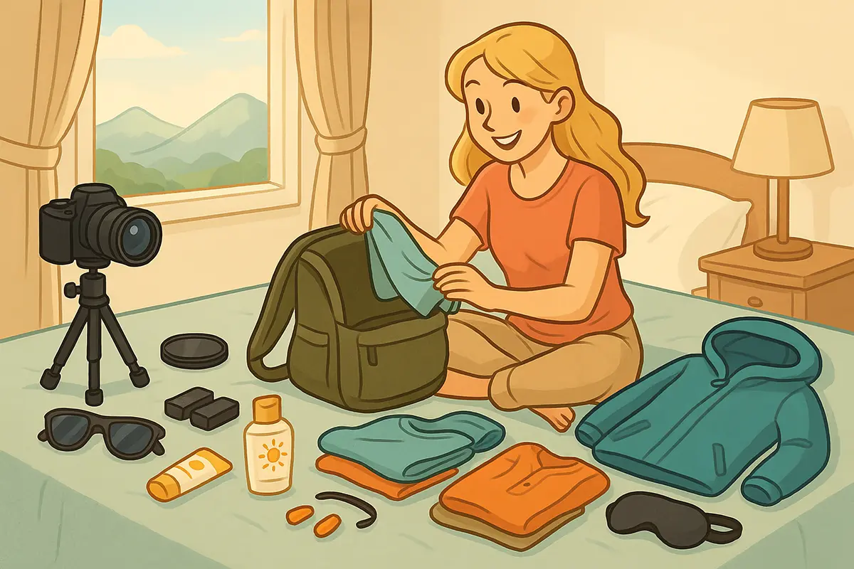 A woman sits on a bed packing a camera backpack with folded clothes and travel essentials—camera on a tripod, lens cap, memory cards, sunglasses, sunscreen, earplugs, and an eye mask—while mountain scenery is visible through the window.