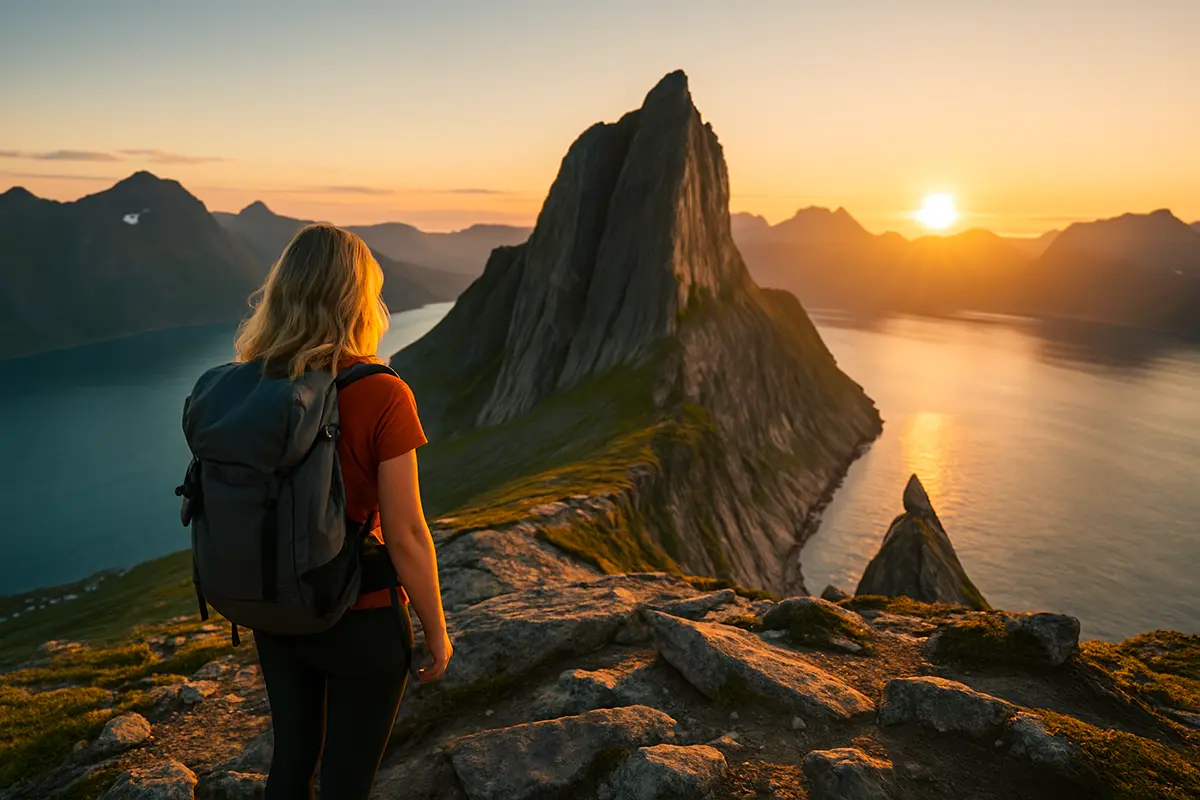A hiker with a backpack stands on a rocky cliff, gazing at the sun setting over a jagged mountain peak and glowing fjord.