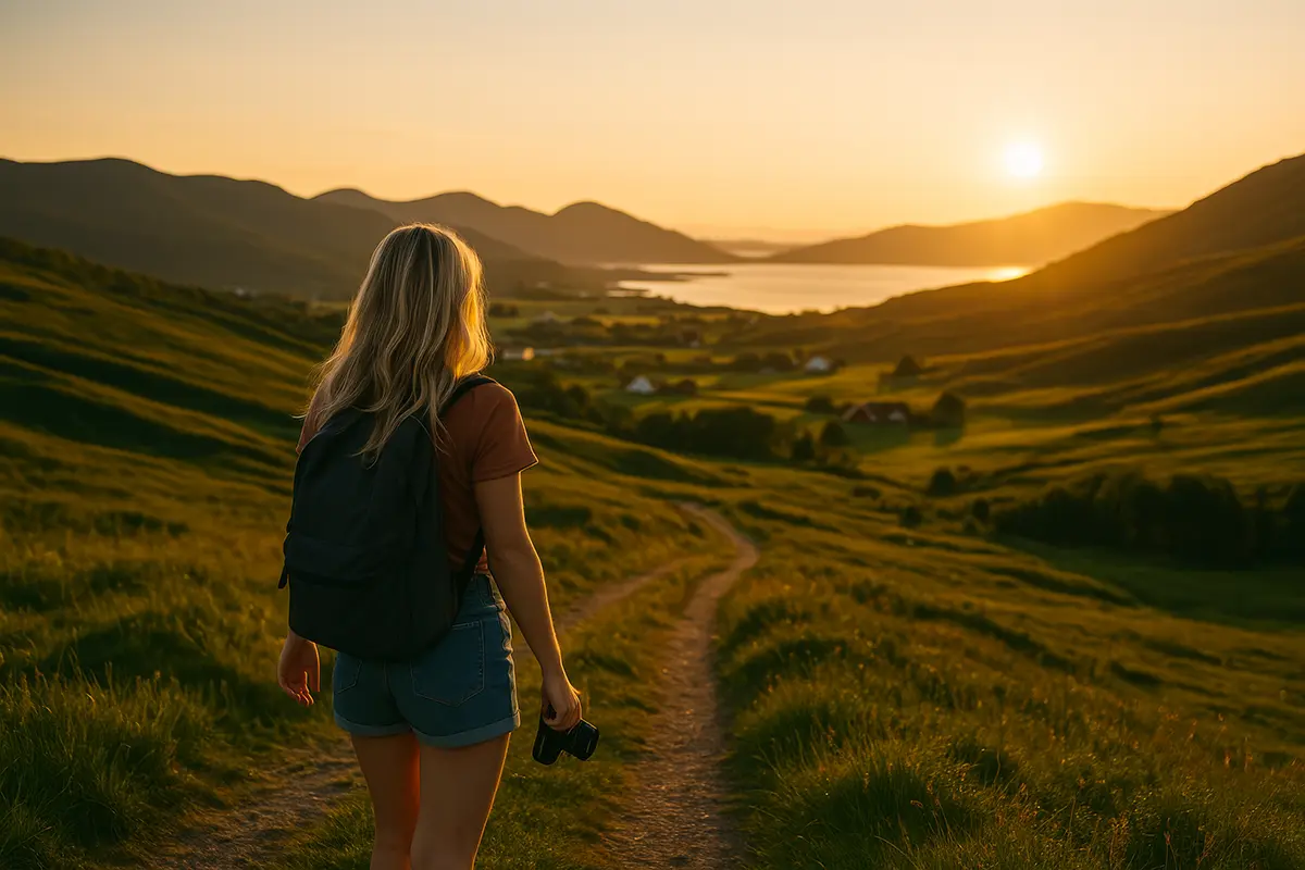 A backpack-clad woman holds a camera and walks along a winding dirt path through grassy hills toward a glowing sunset over a lake and distant mountains