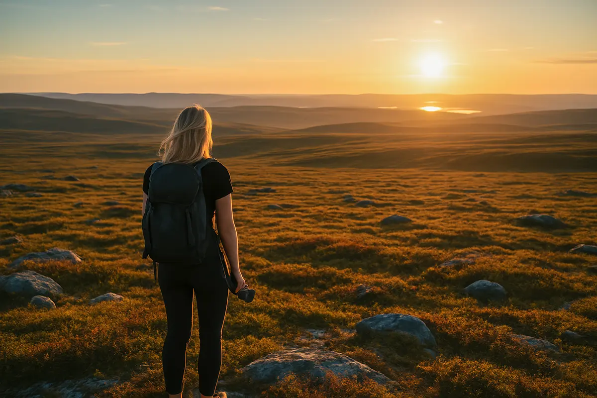 A hiker with a backpack and camera stands on an open moor at sunset, gazing toward the glowing horizon over rolling hills