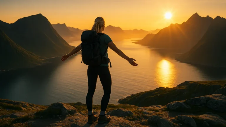 A backpack-clad hiker stands on a rocky ridge with arms outstretched, gazing at the golden sunset over a winding fjord and silhouetted mountains