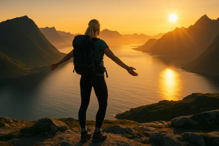 A backpack-clad hiker stands on a rocky ridge with arms outstretched, gazing at the golden sunset over a winding fjord and silhouetted mountains